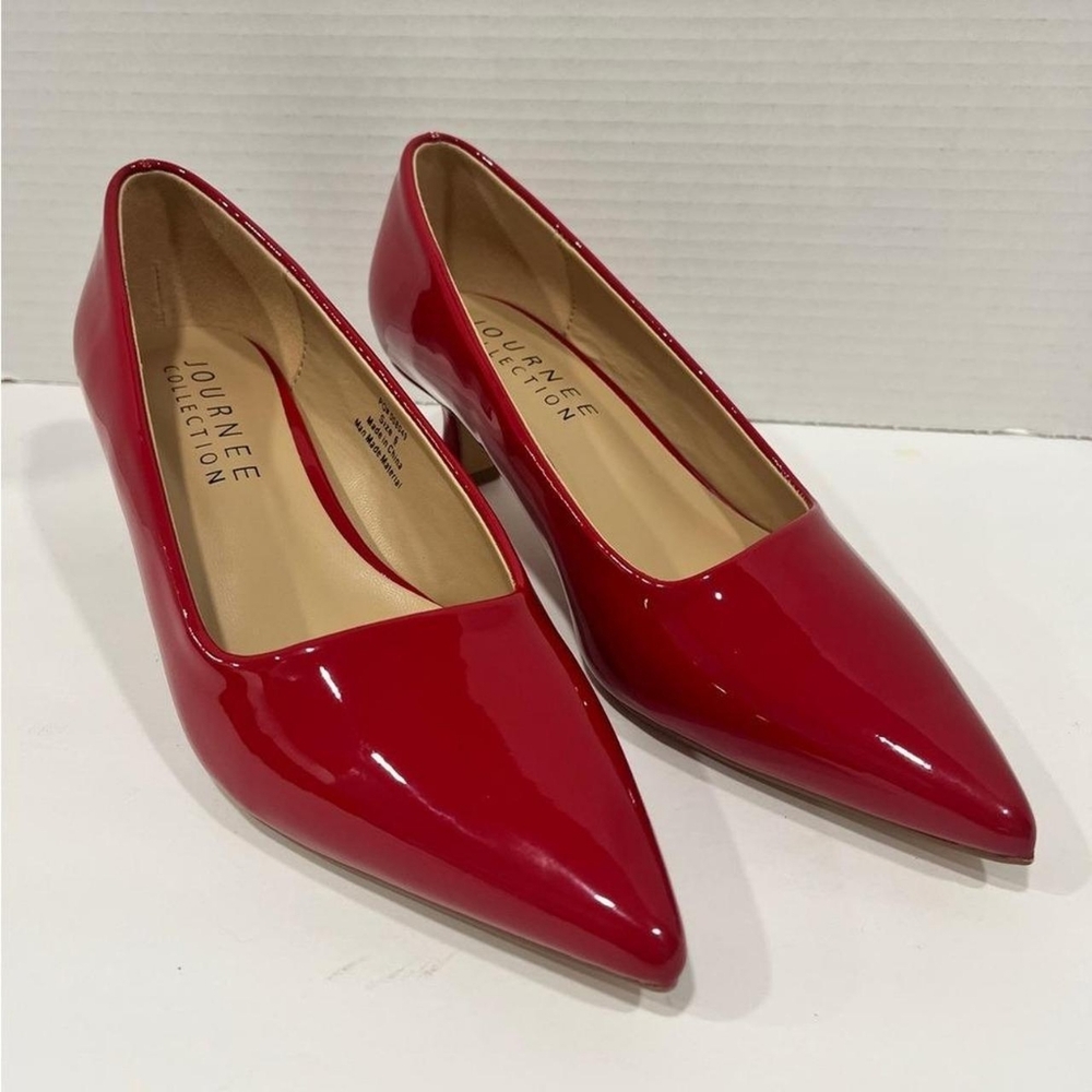 Journee Collection Women's Patent Red Kitten Heel Pointed Closed Toe Heels
